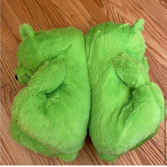 Fuzzy Stuffed Teddy Bear Slippers, Set of Two Pairs: Green & Yellow, sz M - Picture 7 of 11